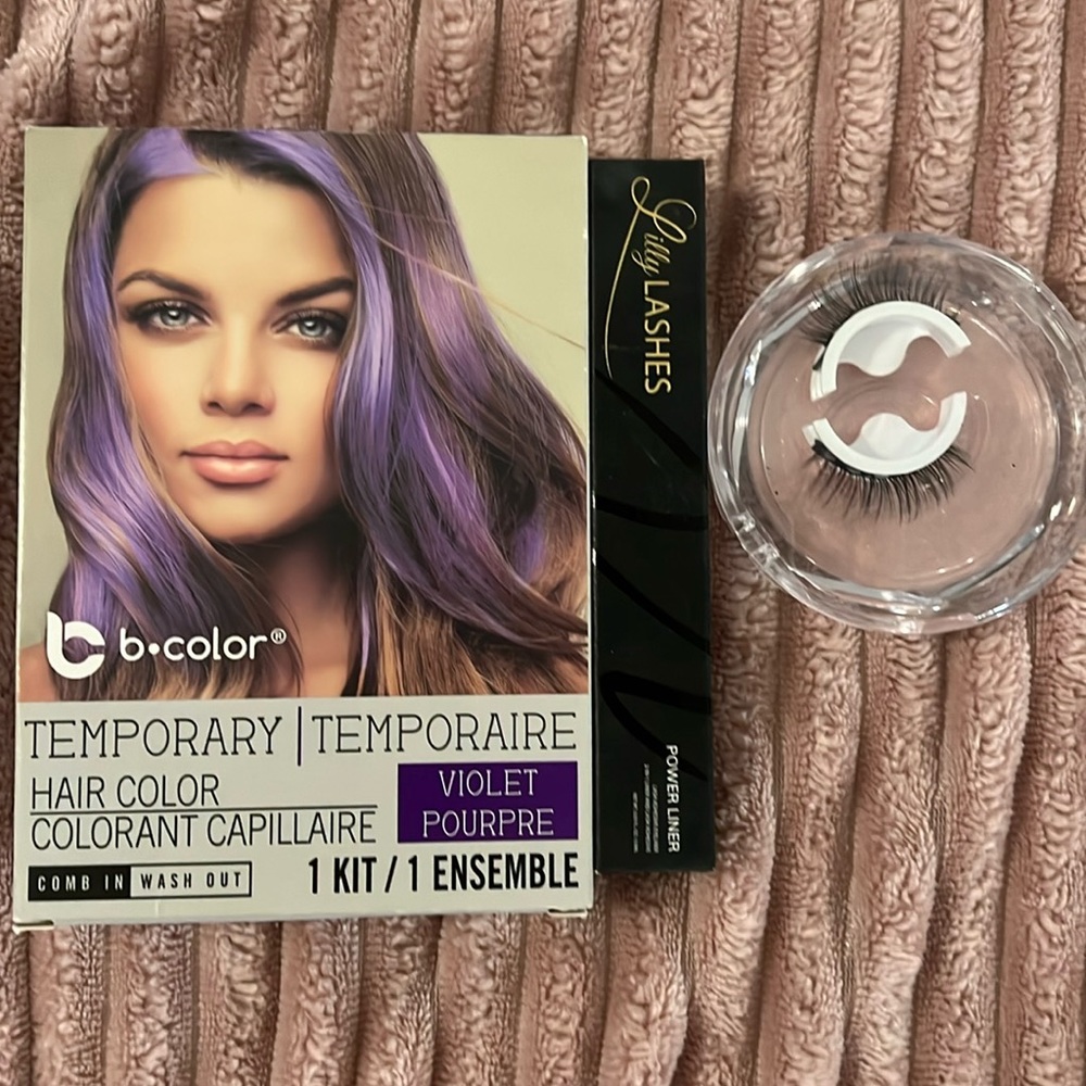 Lilly lashes w/adhesive lashes and temporary hair color violet 1kit. Bundle NWT.